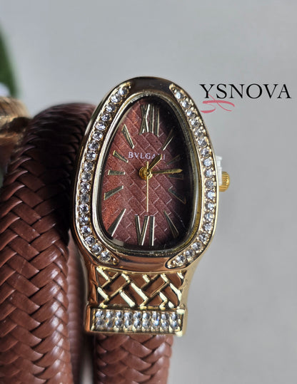 Brown Leather Wrap Watch – Bvlgari Serpenti Inspired Design with Gold Crystal Accents