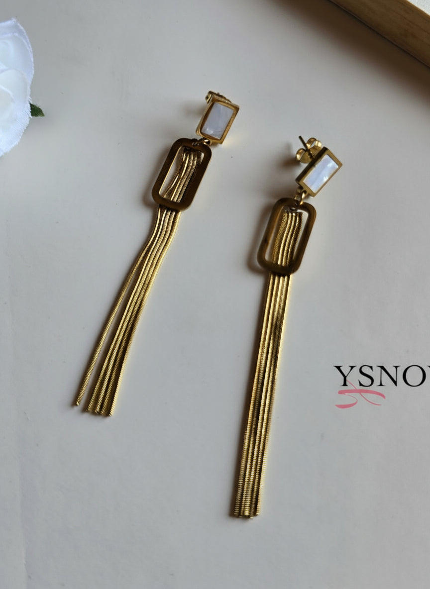 Long Drop Design with White Stone and Chain – Gold Plated Stainless Steel Earrings