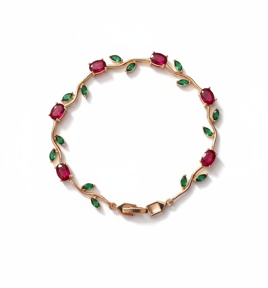Gold Plated Stainless Steel Tulip Bracelet with Red & Green Zircon Stones