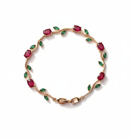 Gold Plated Stainless Steel Tulip Bracelet with Red & Green Zircon Stones