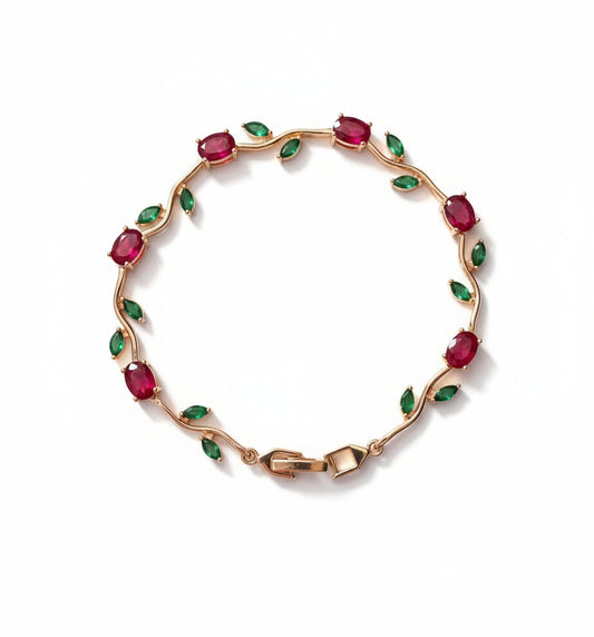 Gold Plated Stainless Steel Tulip Bracelet with Red & Green Zircon Stones