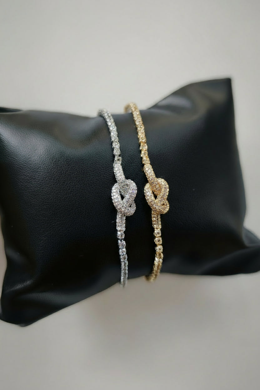 Gold or Silver Plated Stainless Steel Women’s Tennis Bracelet with Zircon Love Knot Design