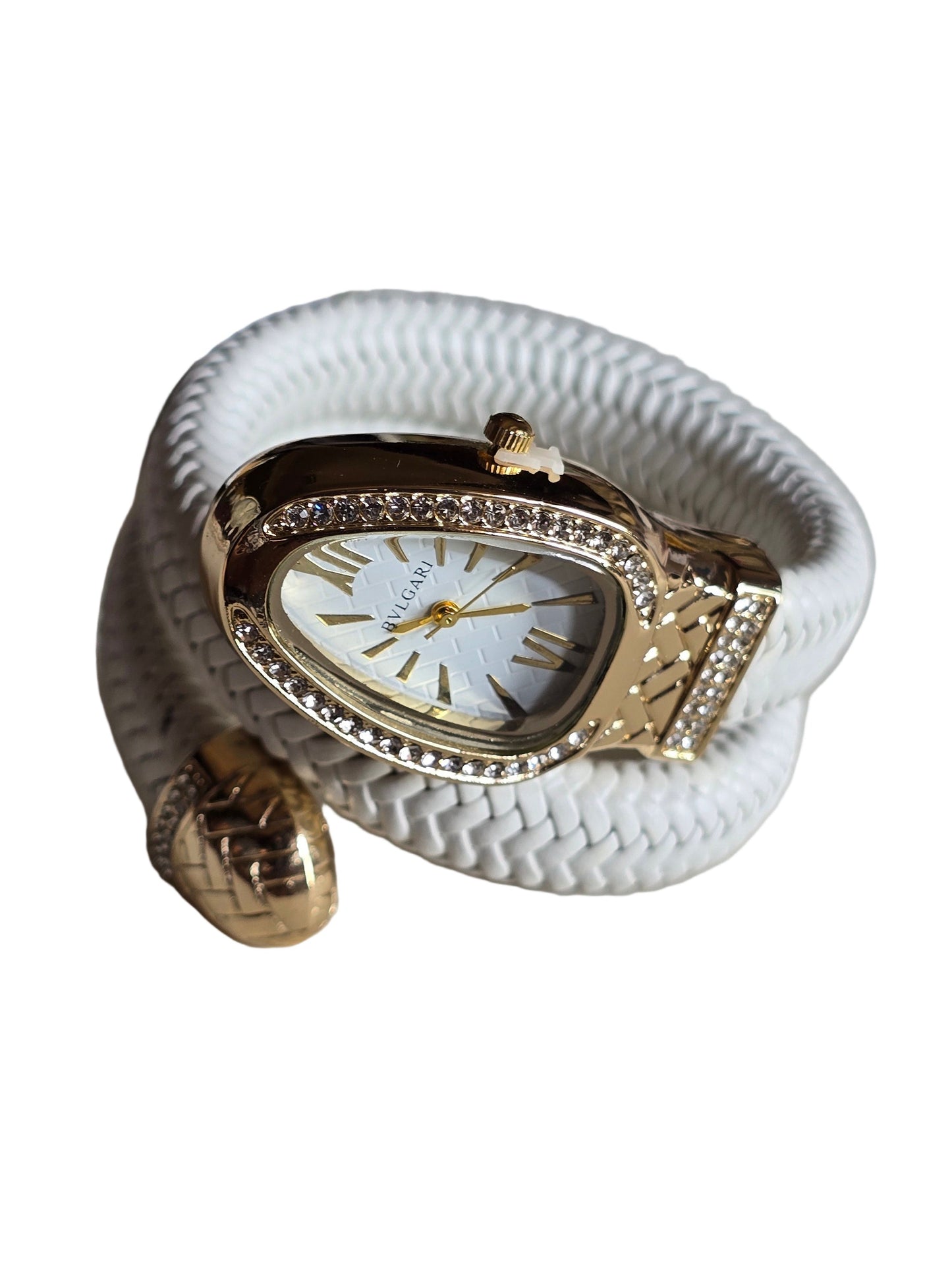 White Leather Wrap Watch – Bvlgari Serpenti Inspired Design with Gold Crystal Bezel