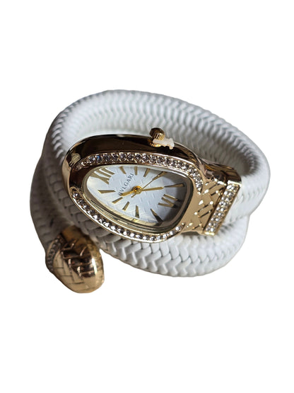 White Leather Wrap Watch – Bvlgari Serpenti Inspired Design with Gold Crystal Bezel