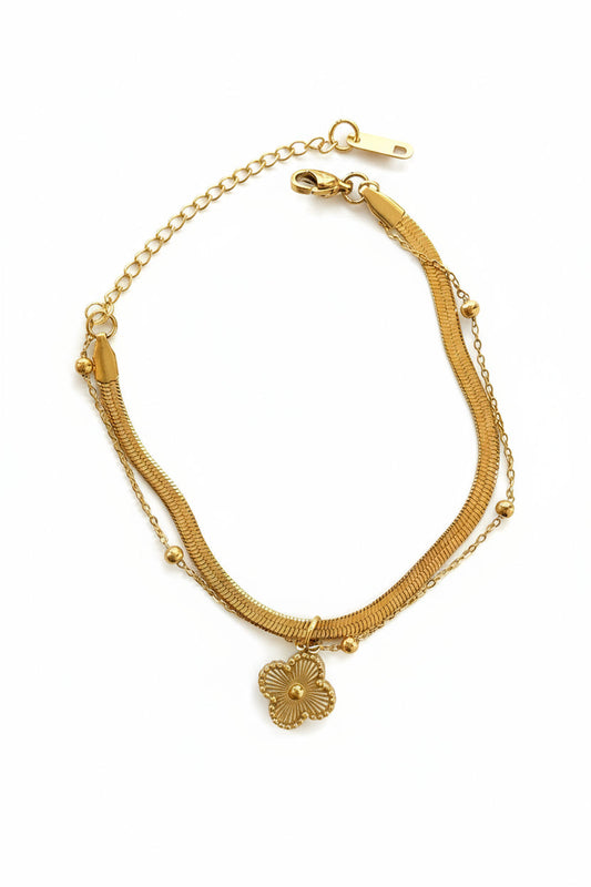 Gold Plated Double Layer Stainless Steel Bracelet with Flower Charm