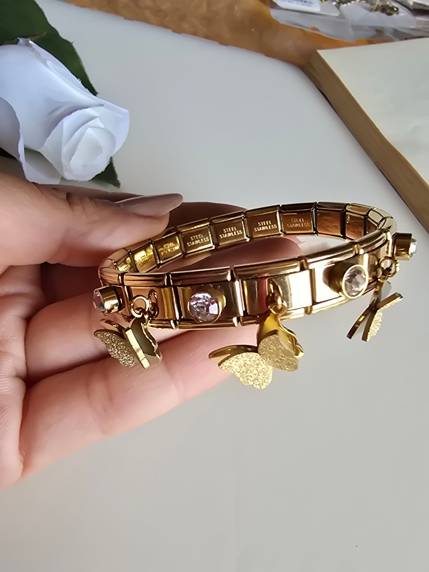 Flexible Bracelet with Dangling Butterfly Charms - Stainless Steel