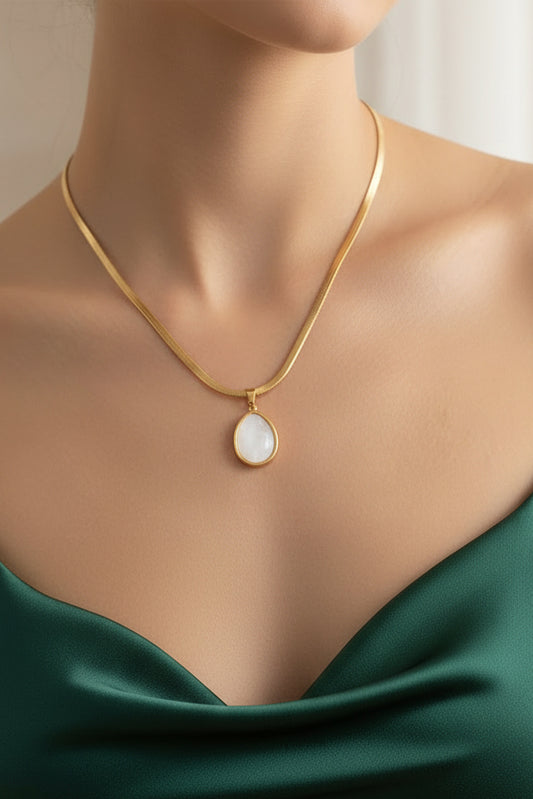 Oval Stone Pendant Necklace - Stainless Steel