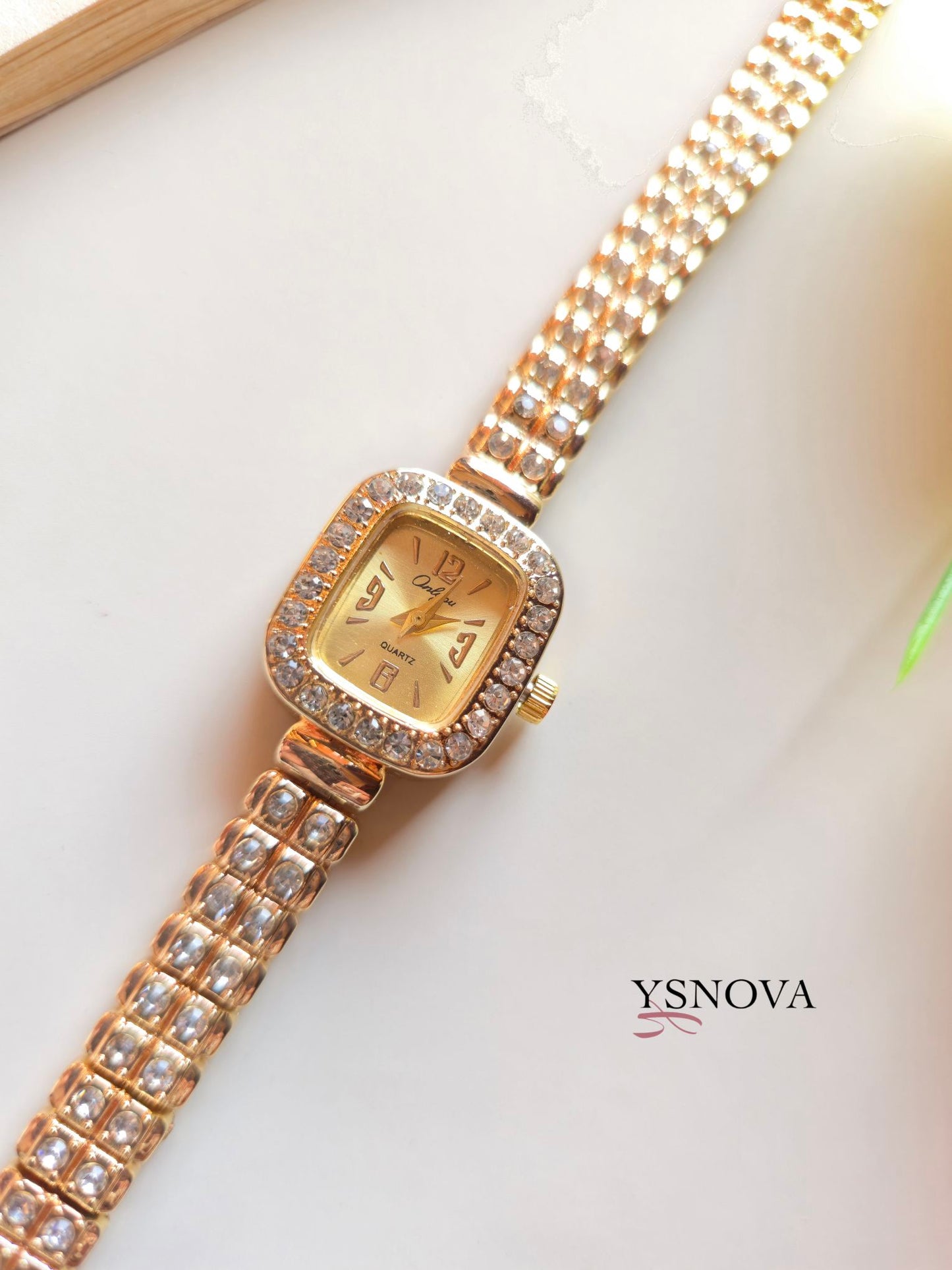 Square Dial Watch with Zircon Frame – Gold Plated Stainless Steel