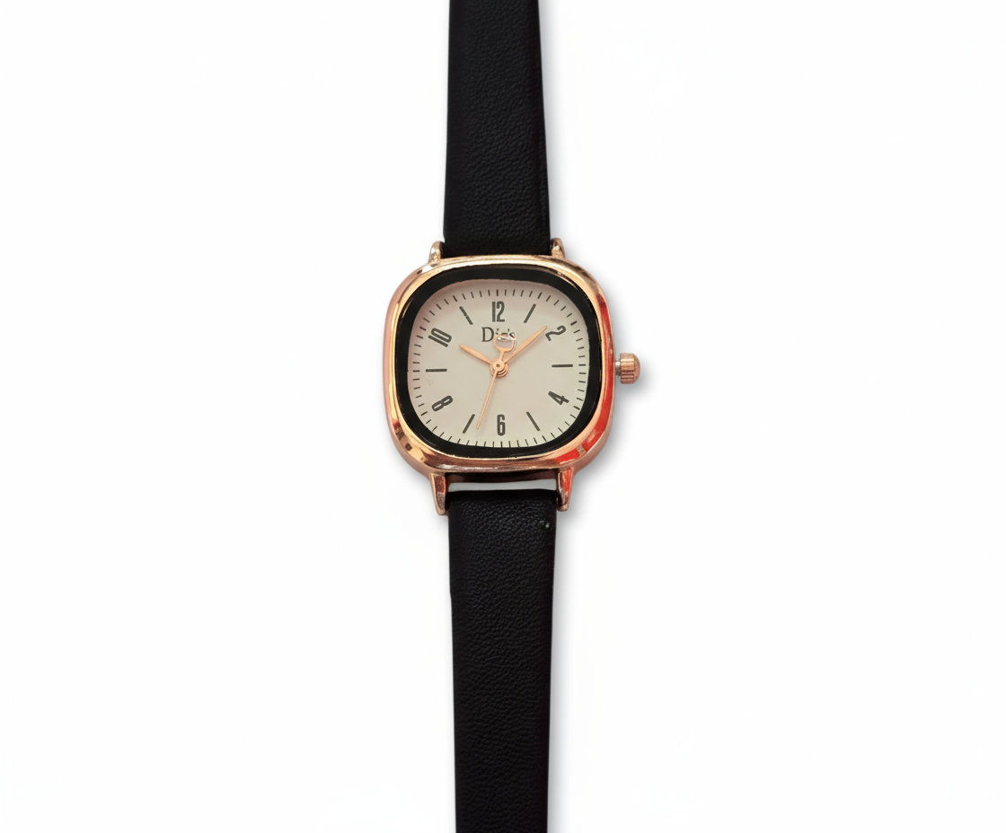Women’s Classic Gold Frame Watch with Black Leather Strap - Elegant & Timeless Design