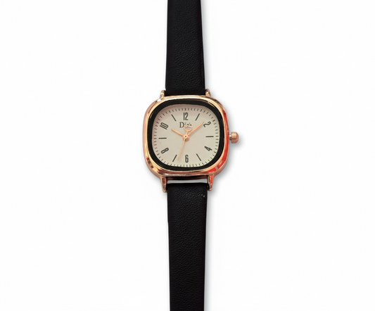 Women’s Classic Gold Frame Watch with Black Leather Strap - Elegant & Timeless Design