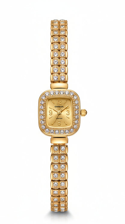 Square Dial Watch with Zircon Frame – Gold Plated Stainless Steel