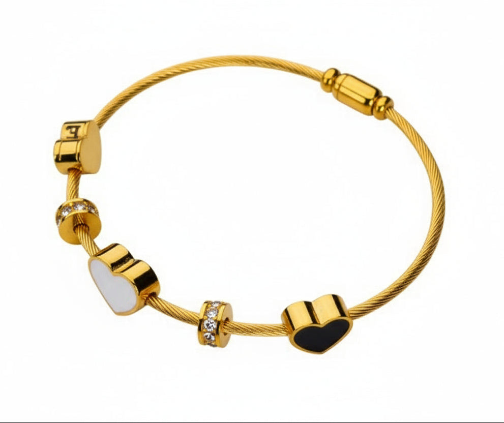 Pandora Style Bracelet with Black & White Heart Charms – Gold Plated Stainless Steel