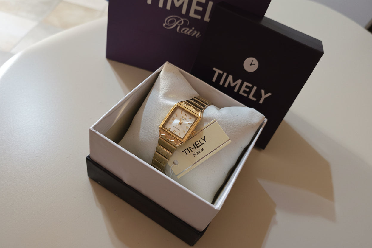 Gold Timely Rain gold watch with white dial.