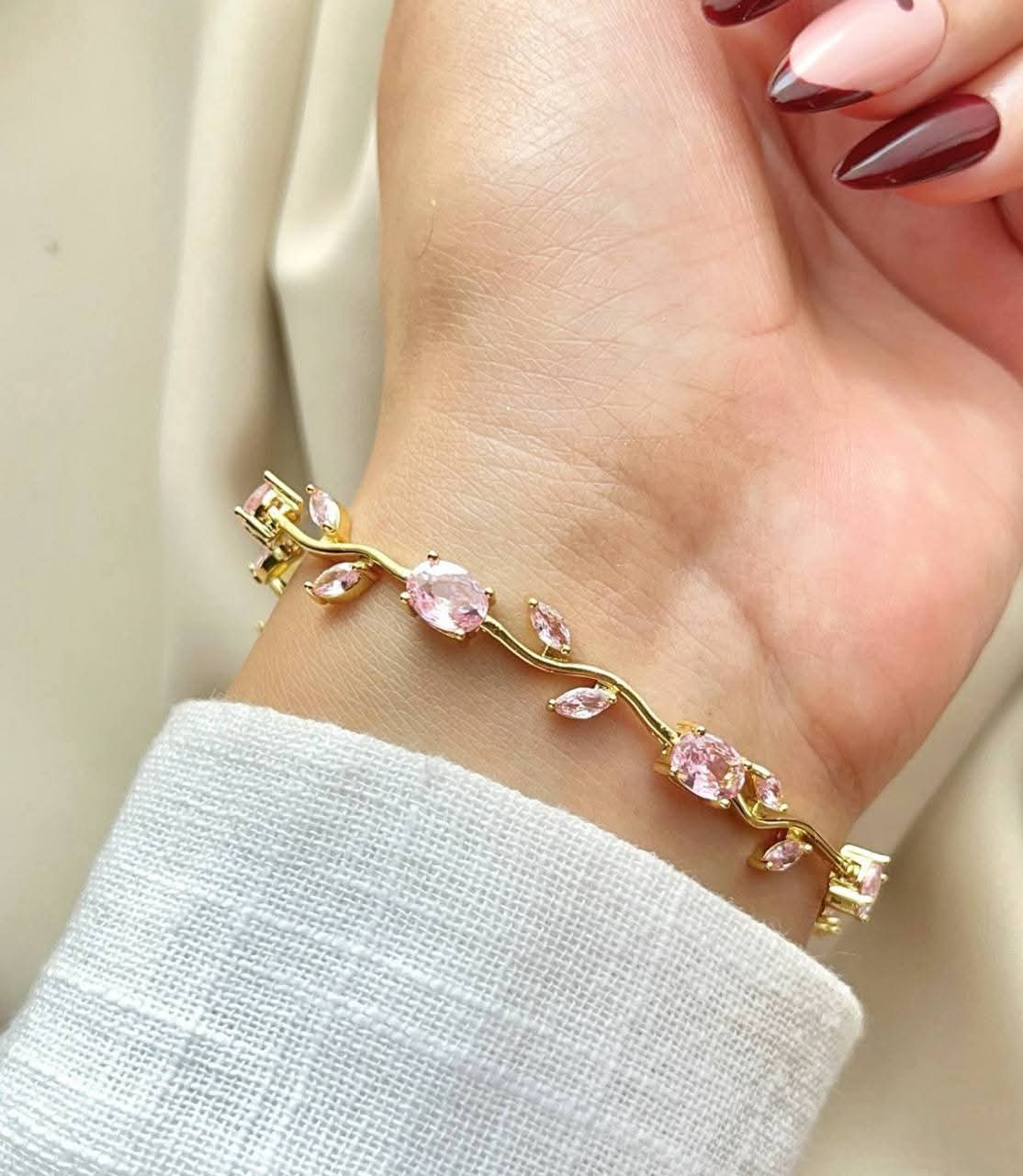 Women’s Bracelet - Tulip Design with Pink Zircon Stones - Gold Plated Stainless Steel