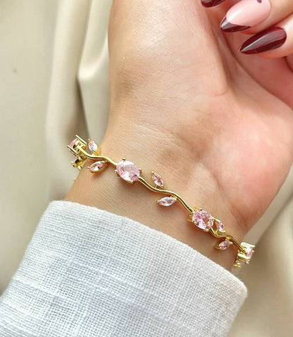 Women’s Bracelet - Tulip Design with Pink Zircon Stones - Gold Plated Stainless Steel
