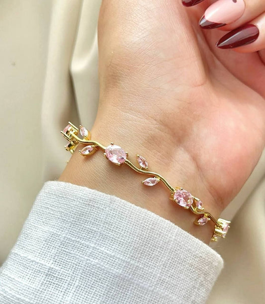 Women’s Bracelet - Tulip Design with Pink Zircon Stones - Gold Plated Stainless Steel