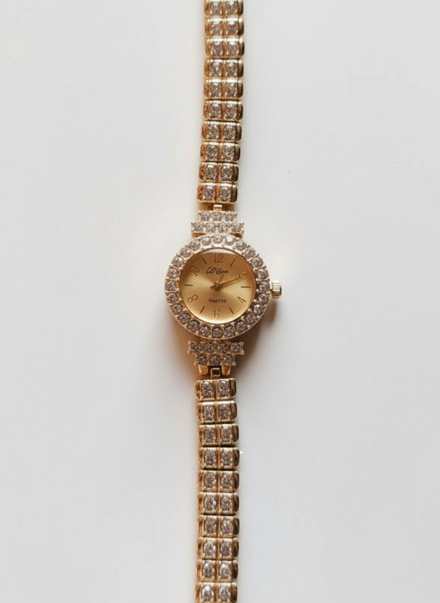 Round Zircon Luxury Watch – Gold Plated Stainless Steel