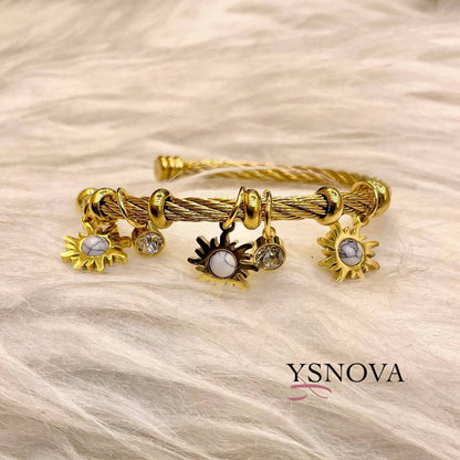 Golden Cable Bracelet with Sun Charms, White Stone & Crystal Details – Gold Plated Stainless Steel