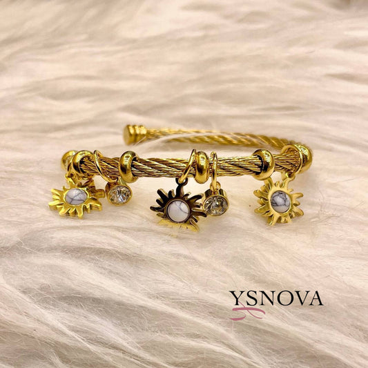 Golden Cable Bracelet with Sun Charms, White Stone & Crystal Details – Gold Plated Stainless Steel