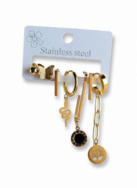 6-Piece Earring Set – Butterfly, Snake, Tree of Life, Black Stone & Minimal Gold Designs – Gold Plated Stainless Steel