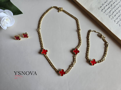 Red Clover Set – Van Cleef Inspired Design – Gold Plated Stainless Steel