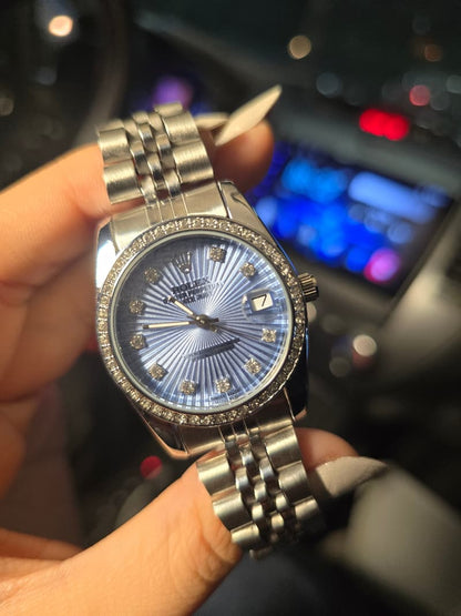 Luxury Women’s Silver watch Stainless-Steel Bracelet , Waterproof with light blue Dial
