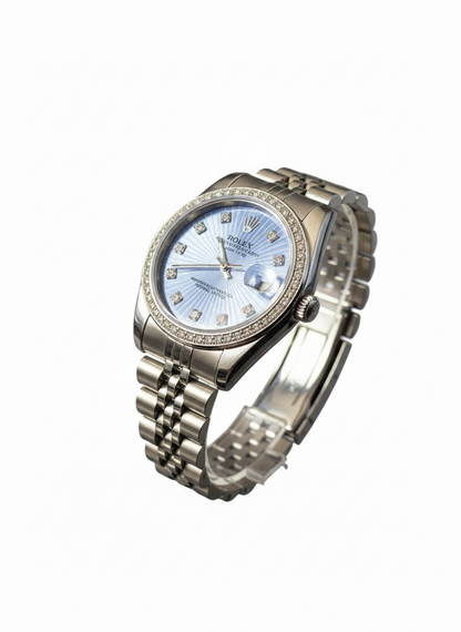 Luxury Women’s Silver watch Stainless-Steel Bracelet , Waterproof with light blue Dial