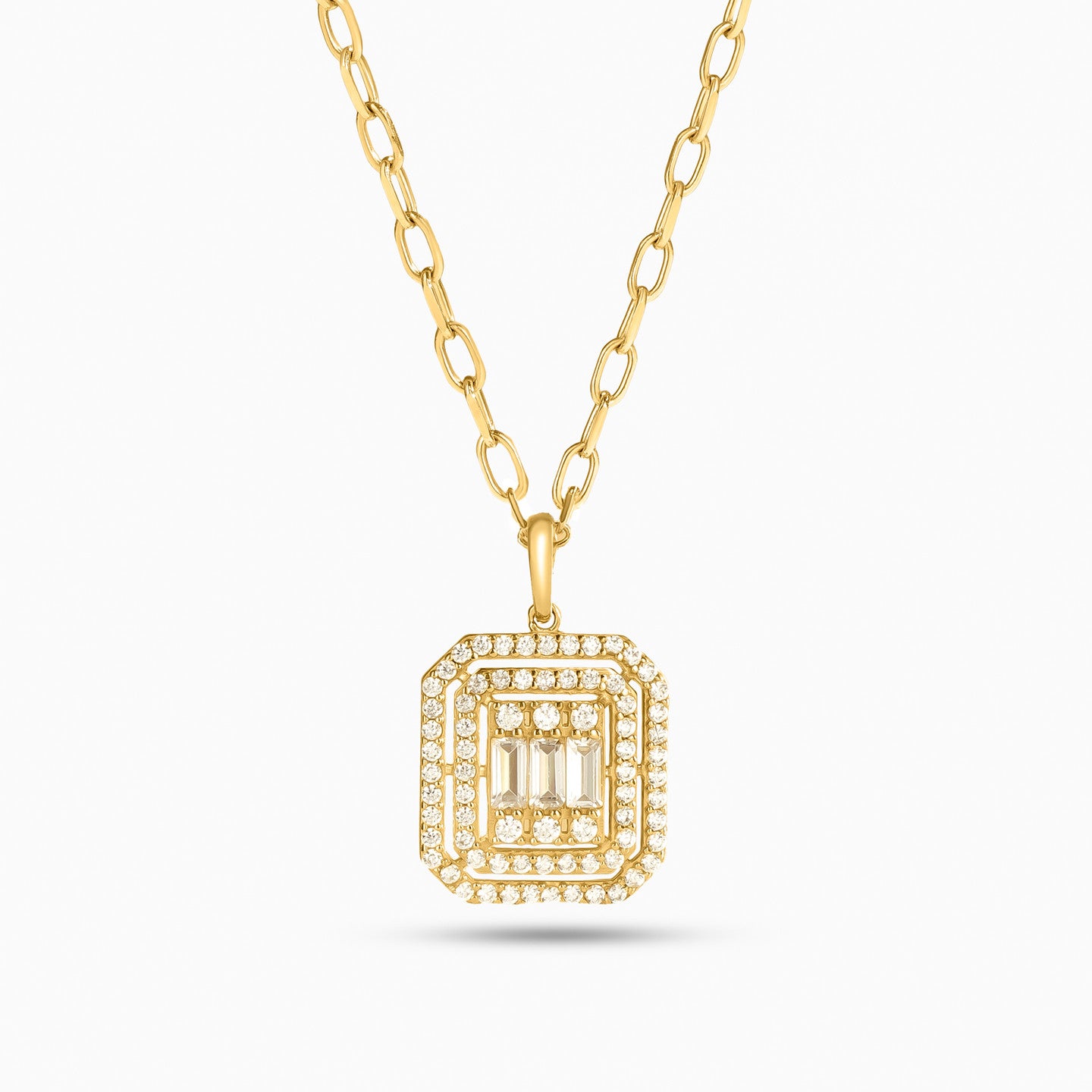 Luxury Baguette Pendant Necklace – Stainless Steel with Sparkling Zircon