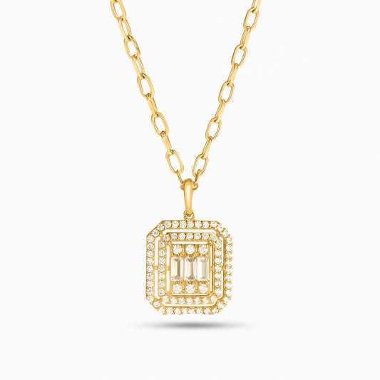 Luxury Baguette Pendant Necklace – Stainless Steel with Sparkling Zircon