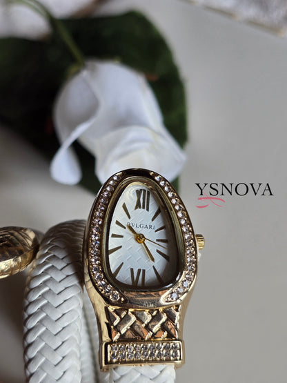 White Leather Wrap Watch – Bvlgari Serpenti Inspired Design with Gold Crystal Bezel