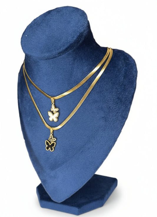 Double Butterfly Pendant Necklace (Black & White) – Gold Plated Stainless Steel