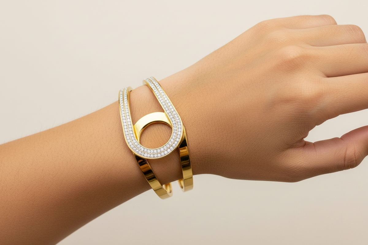 Zircon Swirl Design - Gold Plated Stainless Steel Cuff Bracelet
