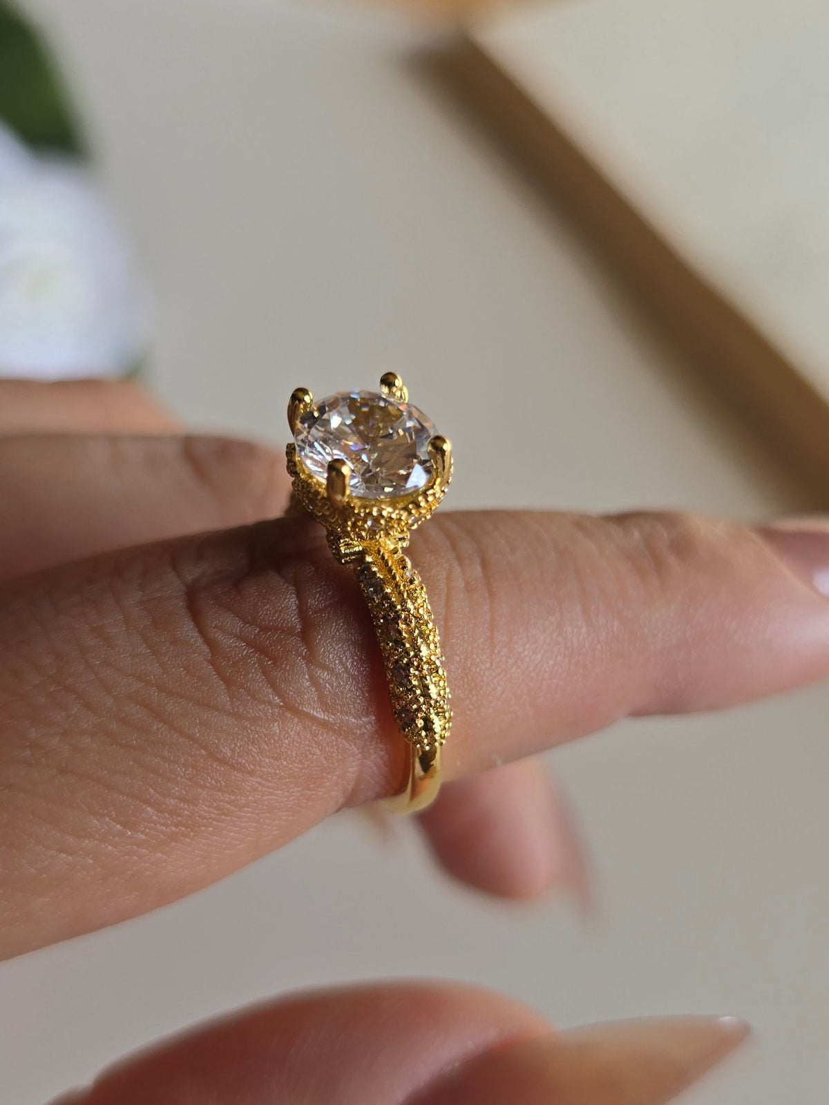 7 Elegant Designs - Gold Plated Stainless Steel Solitaire Rings with Zircon Stones (Free Size)