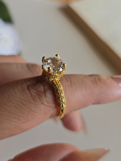 7 Elegant Designs - Gold Plated Stainless Steel Solitaire Rings with Zircon Stones (Free Size)