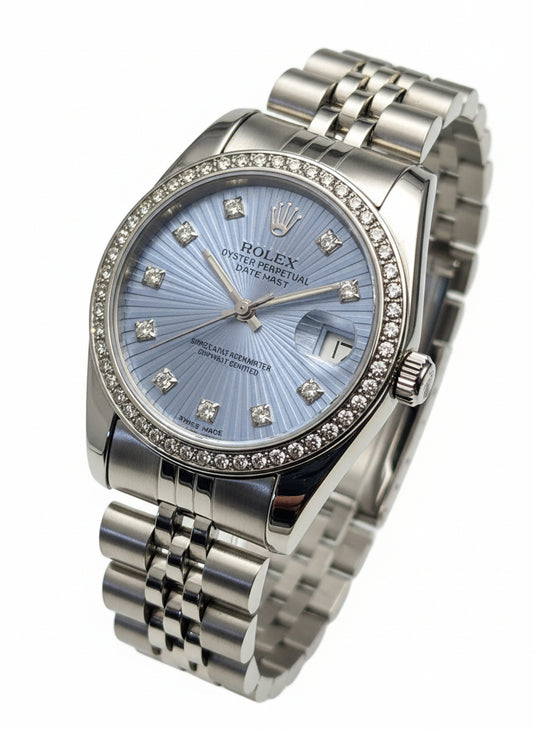 Luxury Women’s Silver watch Stainless-Steel Bracelet , Waterproof with light blue Dial