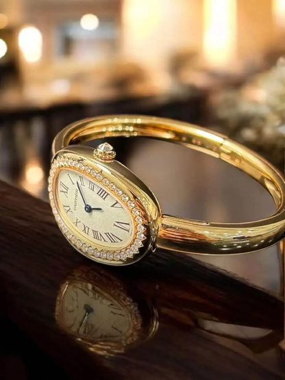 Luxury Women’s Bangle Watch - Gold-Plated with Zircon Stones