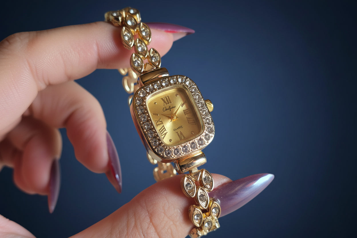 Gold watch with diamond zircon